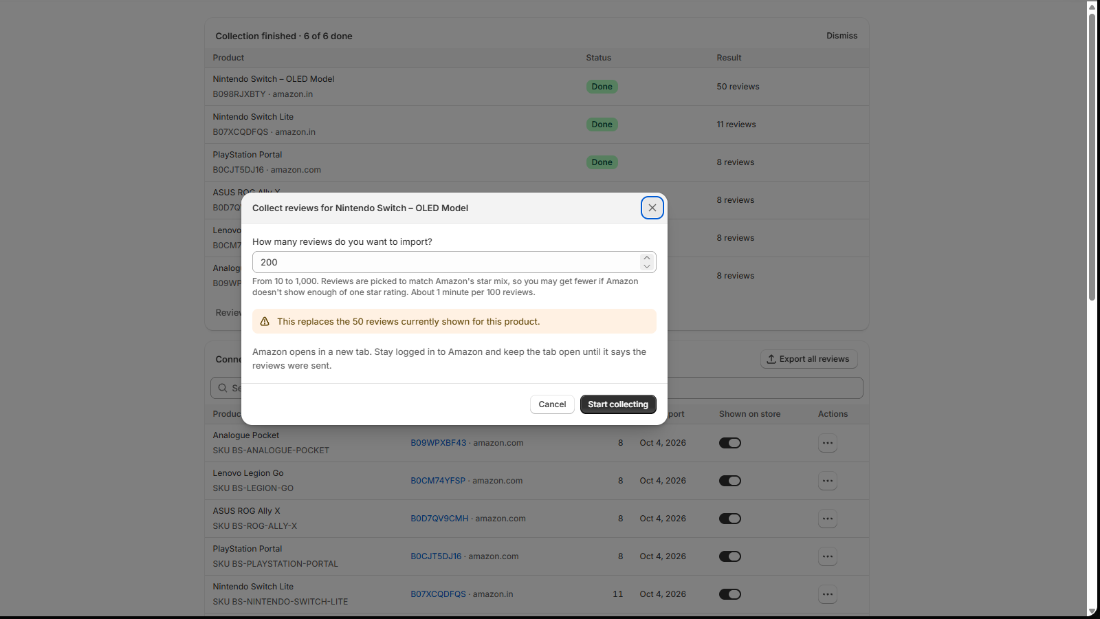 Collect reviews dialog asking how many reviews to import, from 10 to 1,000