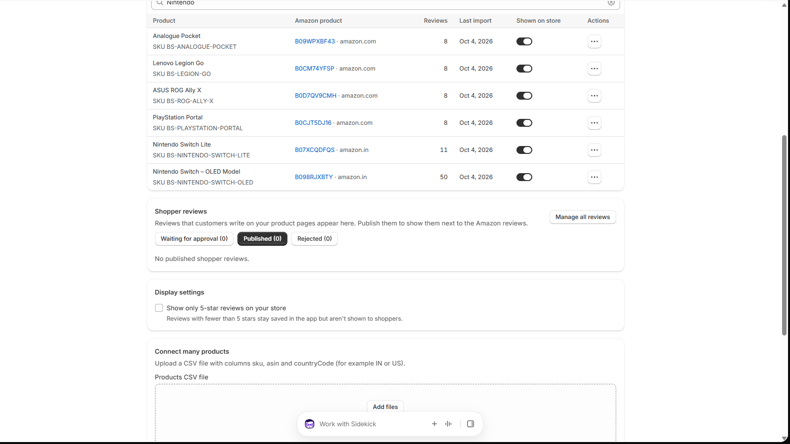 Connected products table with Amazon ASIN, marketplace, review count and a Shown on store switch