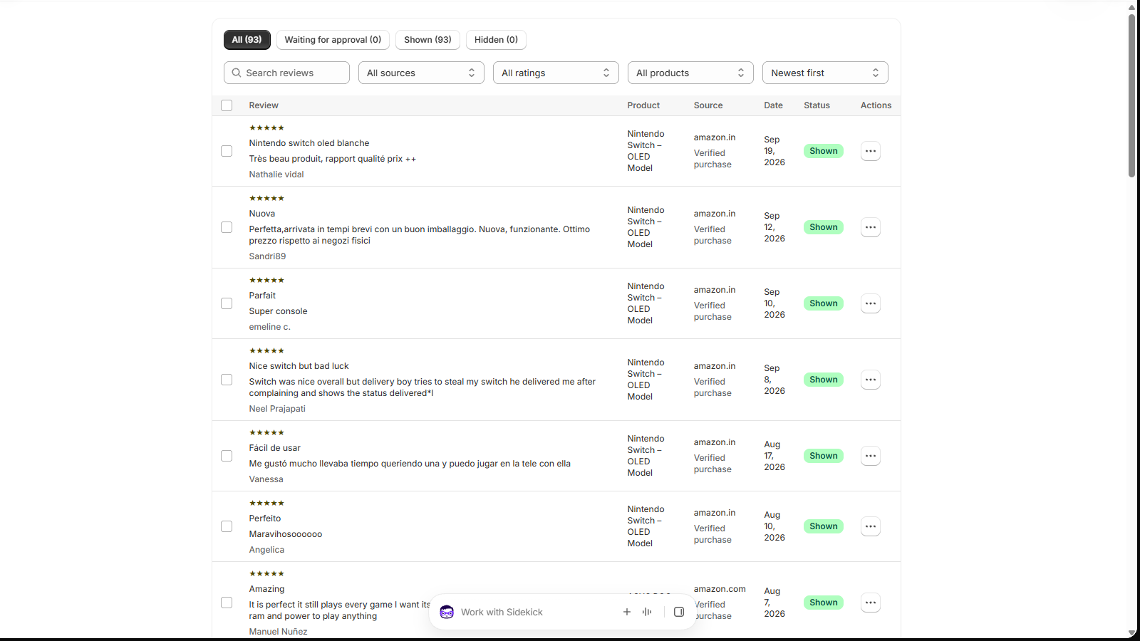 Reviews page listing every review with filters for source, rating and product