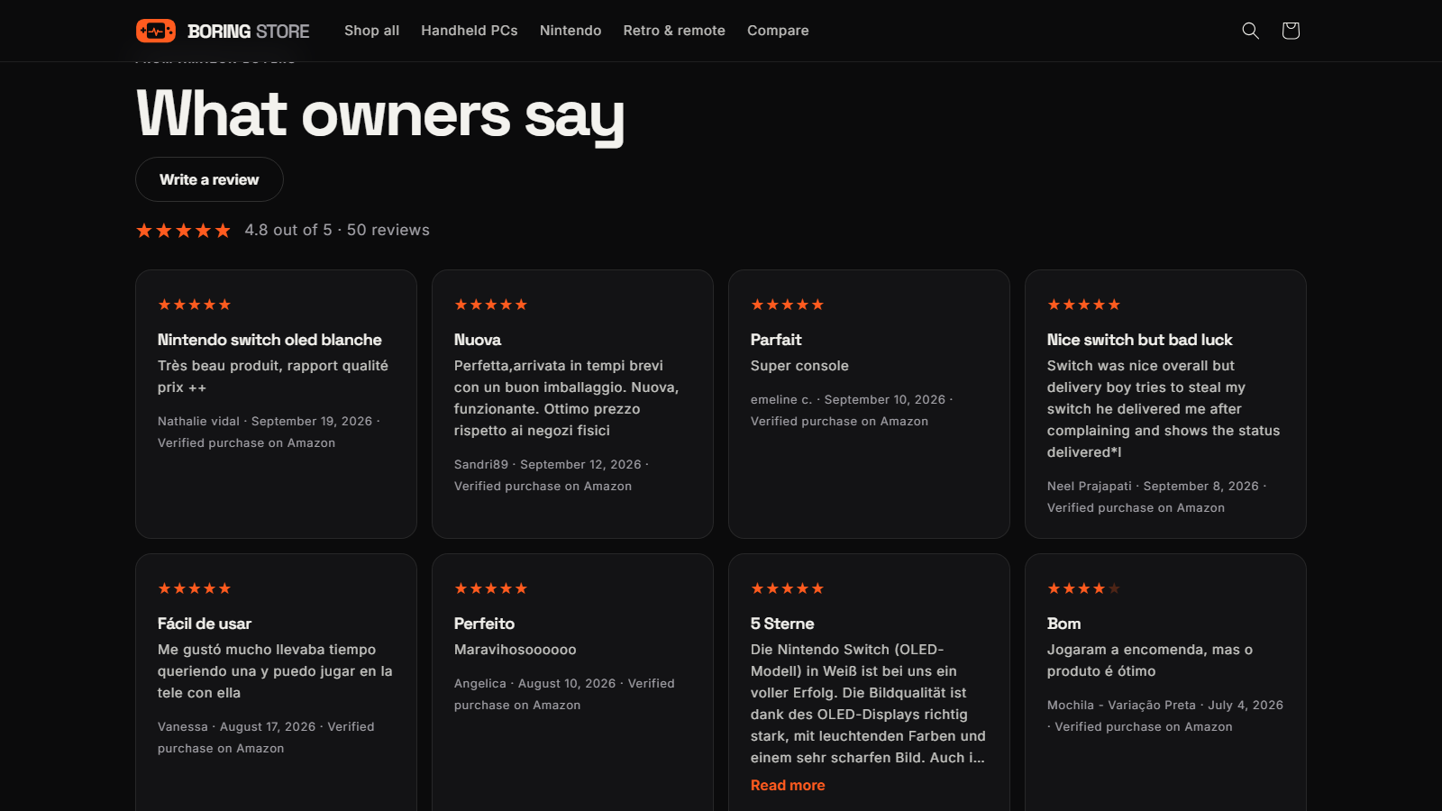 Review cards on a product page, each with the reviewer, date and 'Verified purchase on Amazon'