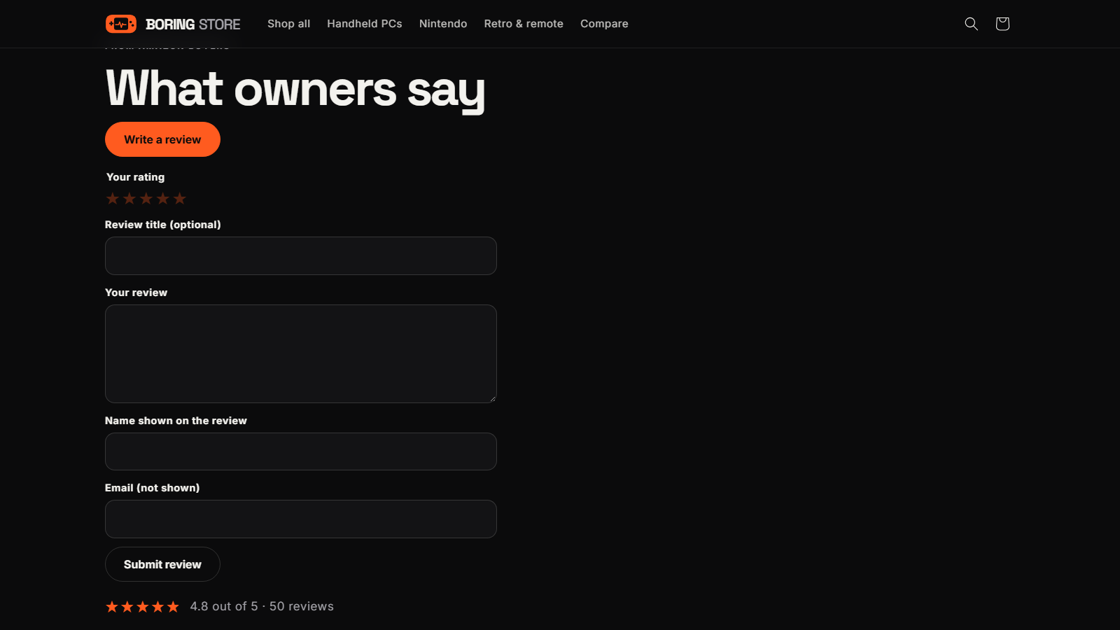 Write a review form on the storefront with star rating, title, review, name and email fields